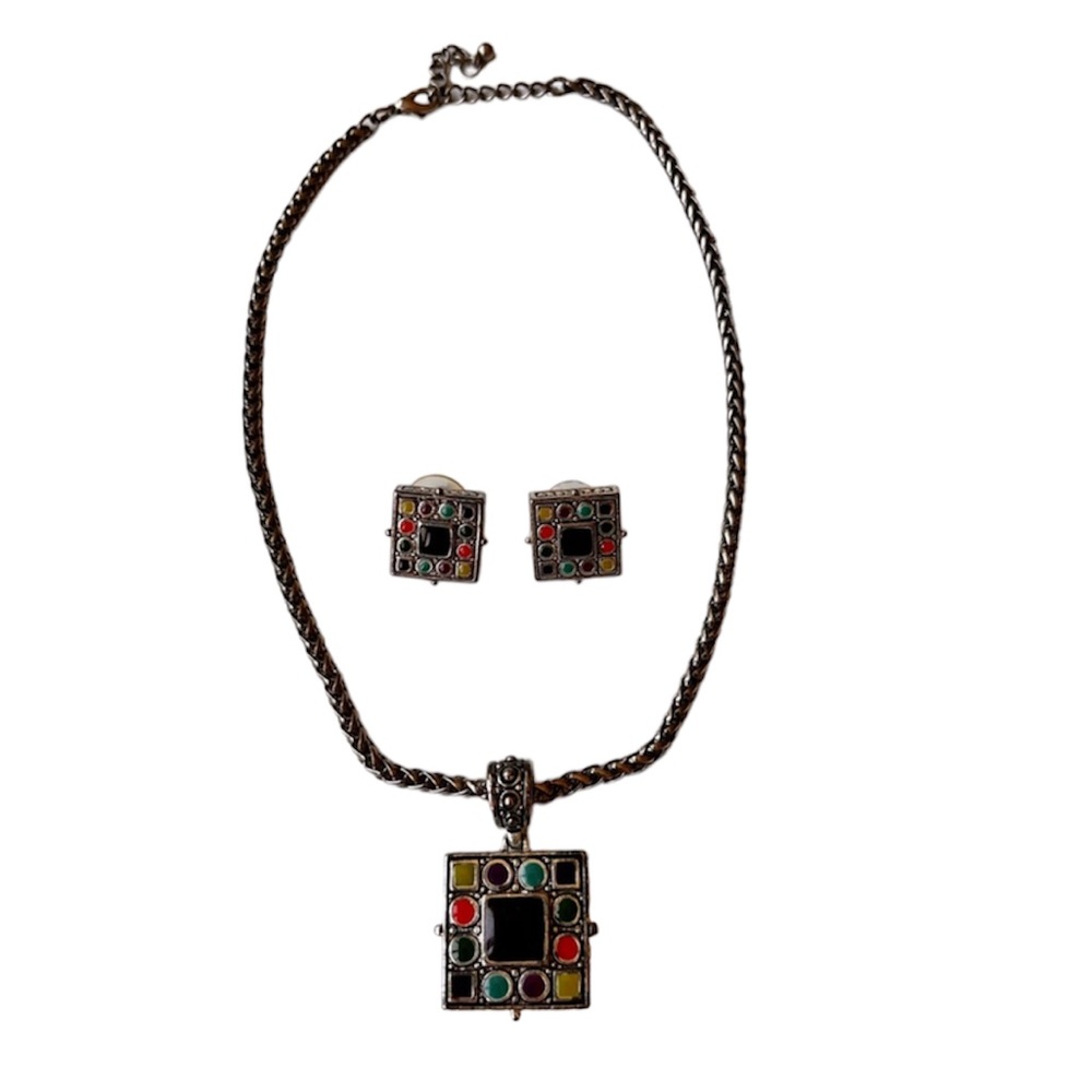 Premier Jewelry Necklace and Earrings Set Square Silver Black Red Purple Blue